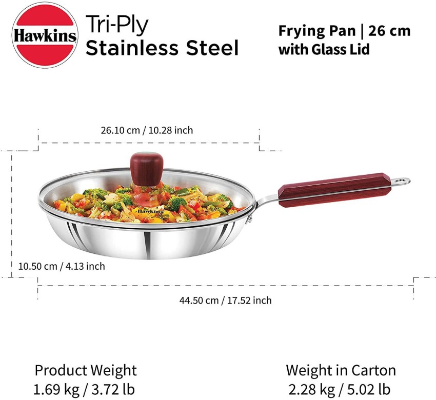 HAWKINS 5 Litre Deep Kadhai, Triply Stainless Steel Kadai with Glass L