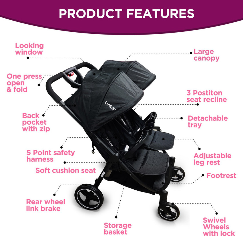 LuvLap Twin Joy Stroller Pram Easy Fold Newborn Baby Kids 0 3 years Stroller