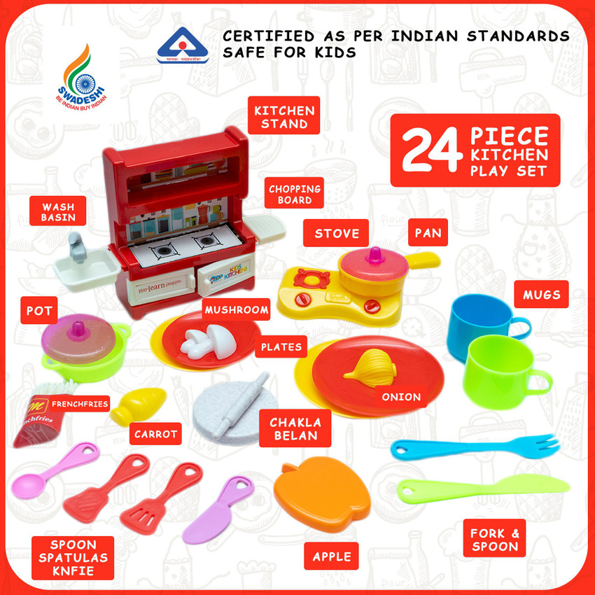 SUNNY Super chef 24 pieces plastic kitchen set for kids.A perfect role play toy for hours of fun.Certified as per Indian standards Super chef 24 pieces plastic kitchen set for kids.A