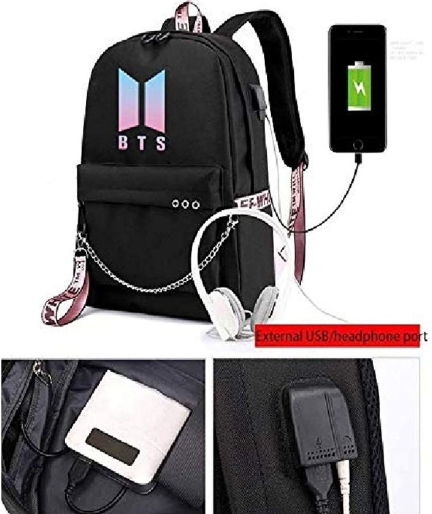 Black Cat Printed USB Backpack With Chain Headphone Port School Bags Travel  Laptop