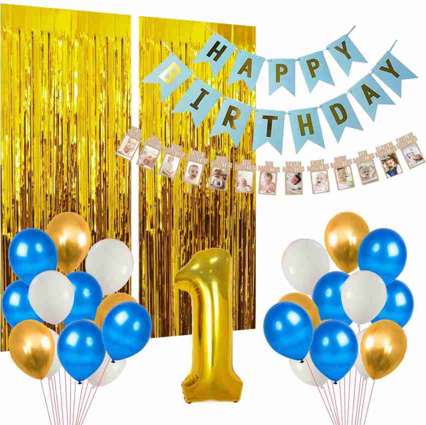 Party Propz Blue 1st Birthday Decoration for Baby Boy Kit I Am One bunting,  1-12 Month Milestone Banner, Number 1 Foil Balloon and Round Foil Balloons  With Silver Foil Curtain Combo 51Pcs.