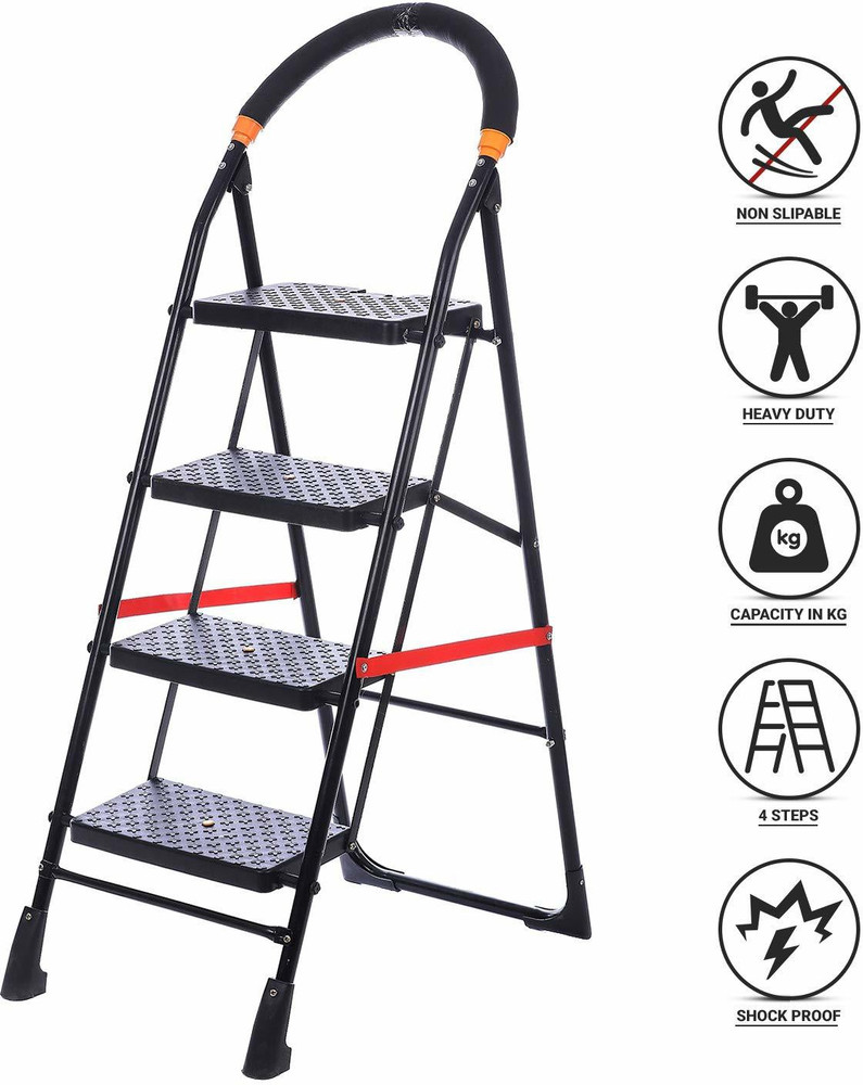 Shree Enterprises by Shree Shree Black Heavy Folding Ladder with Wide Steps for Home and Office 4 Steps Steel Plastic Ladder