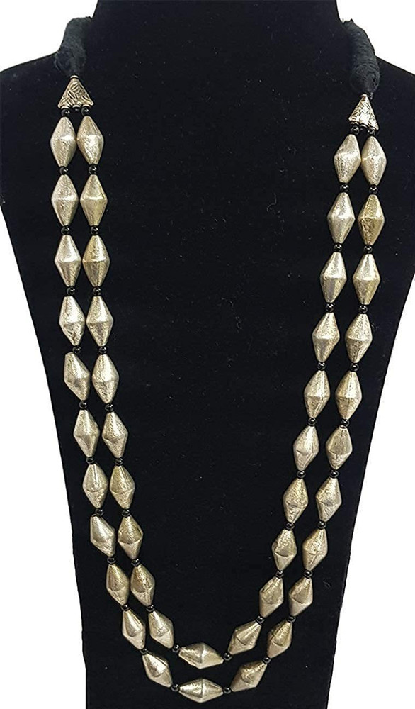 Swami Samarth Double Layer Oxidized Silver Tone Dholki Bead Mala