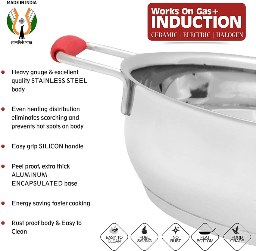 AXIOM Kadai Set of 2 Stainless Steel (2 Litre and 3.5 litres) Heavy Bottom  triply Base with Silicon Stay Cool Handles. Kadhai for Induction & Gas