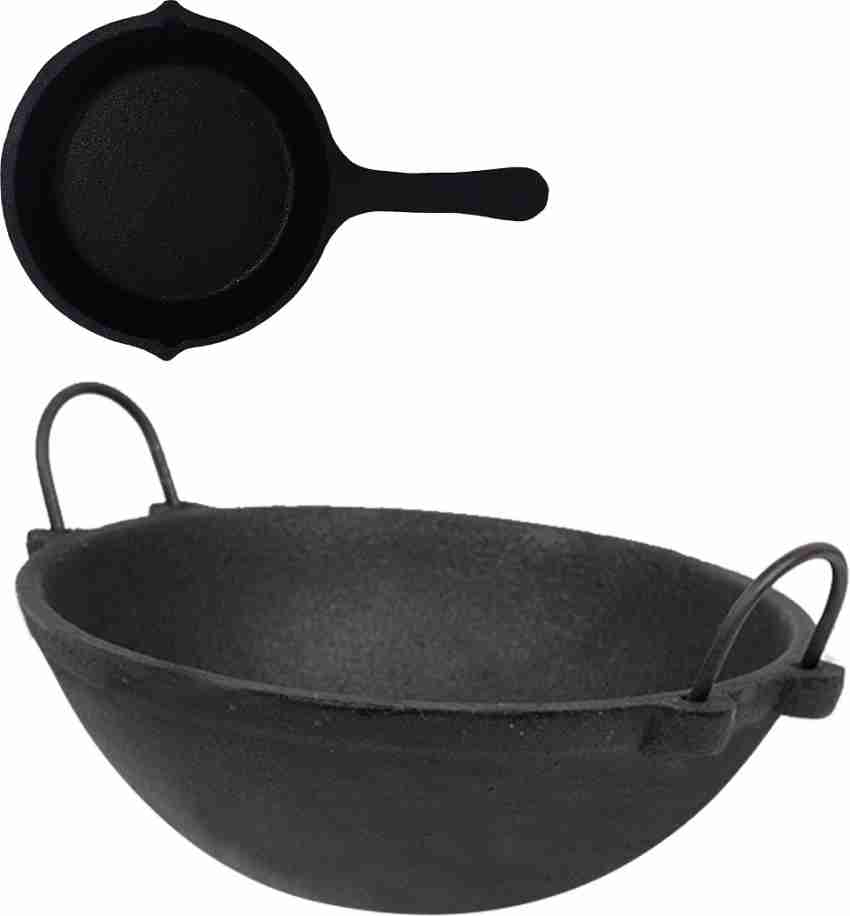 70'S KITCHEN Pre-Seasoned Cast Iron Kadai - 10Inch, 2.5ltrs Black