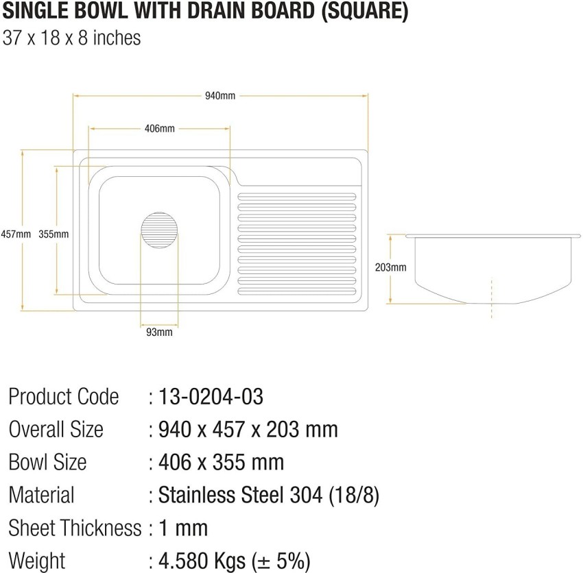 Caisson (37x18x8Inch) Drain board Stainless steel Chrome Finish Kitchen  Sink With Waste Coupling , Vessel Sink Price in India - Buy Caisson  (37x18x8Inch) Drain board Stainless steel Chrome Finish Kitchen Sink With