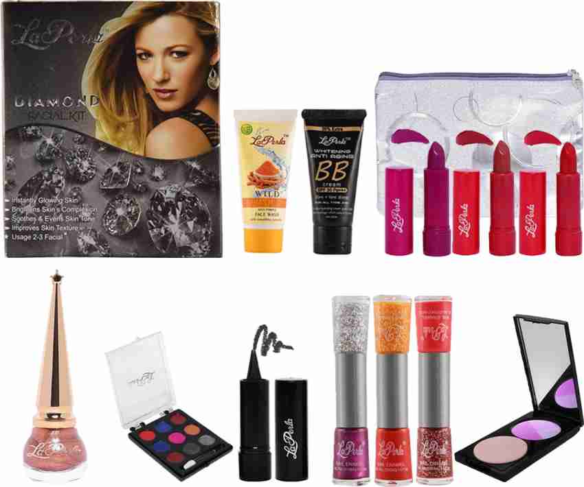 La Perla Trendy Insta Beauty Makeup Kit (LP-93)- Facial , BB Cream, Eye  Liner, Kajal, Eye Shadow, Compact Powder, Face Wash, Colored Corolla Set of  3 Lipstick, White Pouch & (2 in