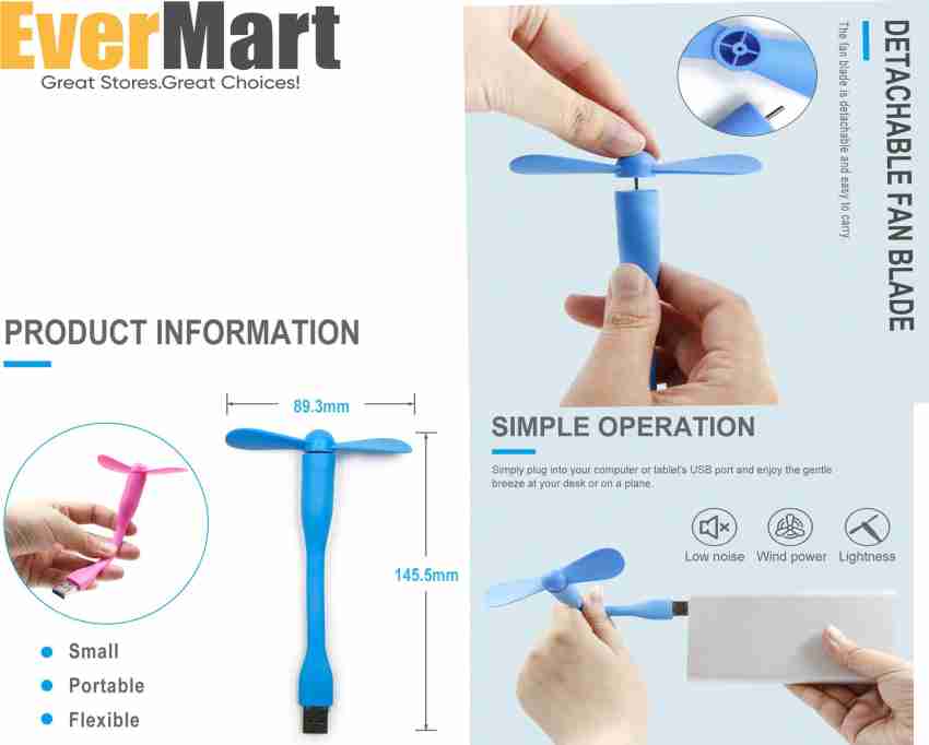 EverMart Portable & Flexible USB Fan + LED Light Lamp, OTG Cable