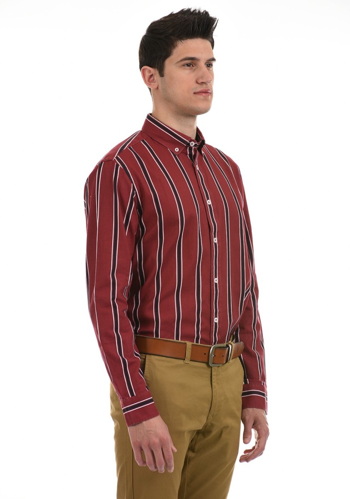 London Fog Men Striped Casual White, Maroon, Black Shirt - Buy