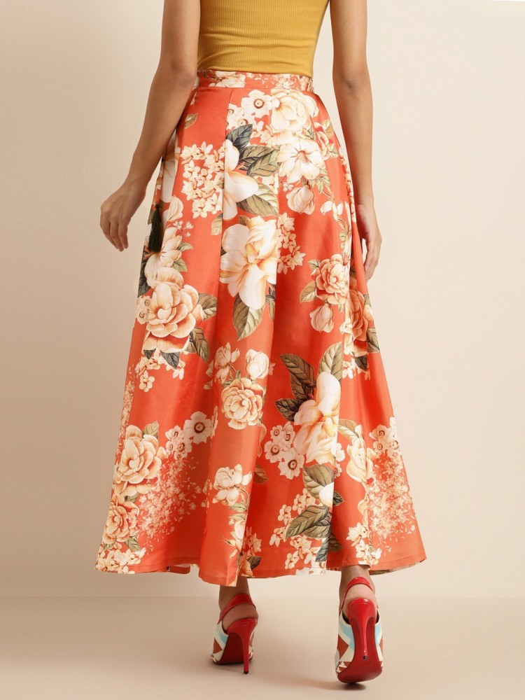 SASSAFRAS Beige & Orange Printed A-Line Skirt