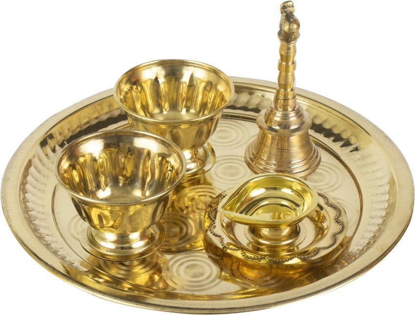 Brass Pooja Thali Set with Diya Puja Kalash Lota and Aarti Bell Tample Pooja