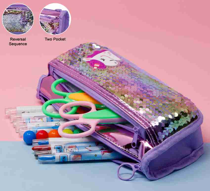 Flipkart Zest 4 Toyz Pencil Pouches for Girls Reversible Sequin Pouches for Girls Double Zipper Pouch for School Stationary Stylish Glitter Pencil Pouch for Girls Pink Unicorn Art Polyester Pencil