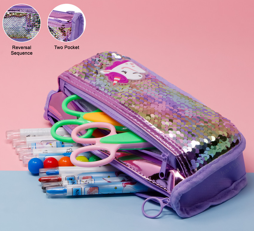 Flipkart Zest 4 Toyz Pencil Pouches for Girls Reversible Sequin Pouches for Girls Double Zipper Pouch for School Stationary Stylish Glitter Pencil Pouch for Girls Pink Unicorn Art Polyester Pencil