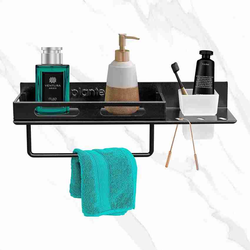 Plantex GI Steel Self-Adhesive Multipurpose Bathroom Shelf with Hooks/Towel  Holder/Rack/Bathroom Accessories - Wall Mount (Black,Powder Coated)