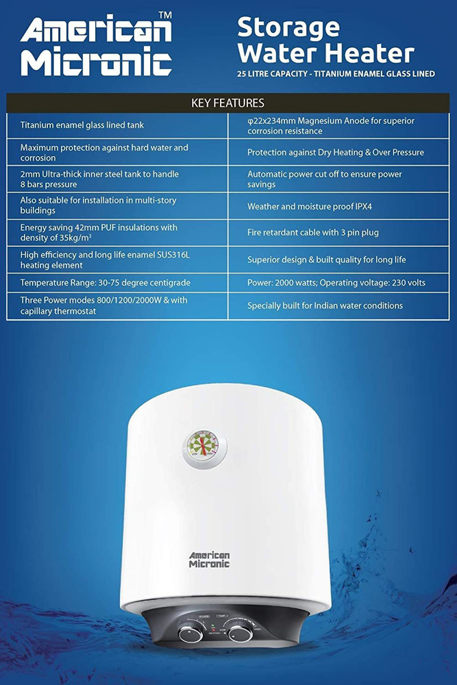 American Micronic 25 L Storage Water Geyser (- 25 Litre Imported Water  Heater, 8 Bar Pressure With Glass Lined Tank And 3 Power Mode-  Ami-Whm3-25Ldx, White) Price in India - Buy American
