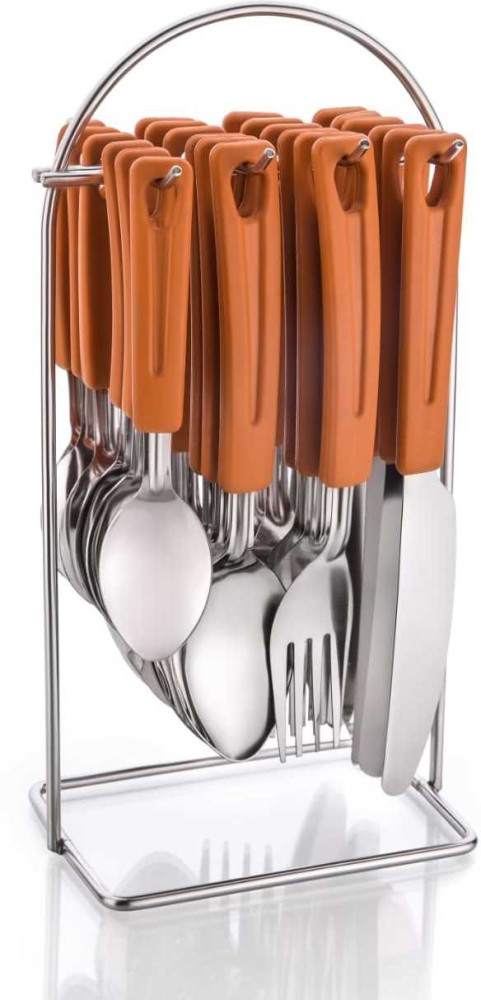 Finner Orange Stainless Steel Spoon Set & Fork Set of 24 pcs in one pack  with Spoon Stand/Holder for kitchen/Dining Table Stainless Steel Cutlery Set  (Pack of 24) Steel Cutlery Set Price