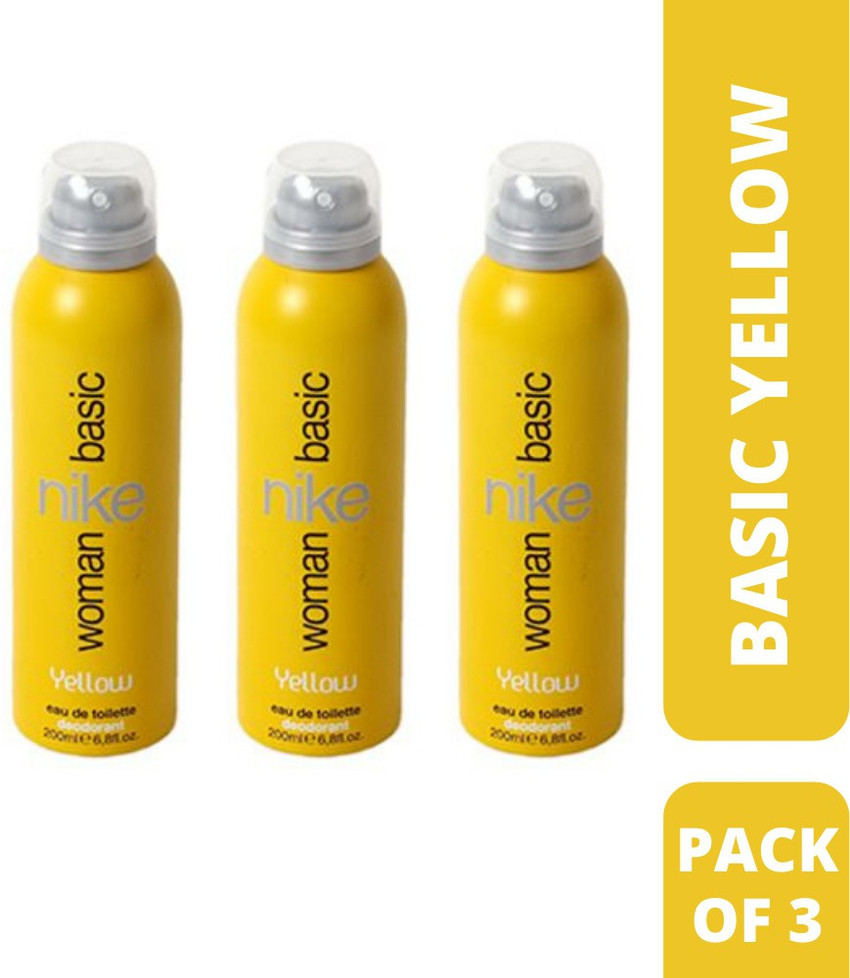 NIKE Women Basic Yellow Deodorant Spray for Women 200ML Each Pack of 3 Body Spray For Women Price in India Buy NIKE Women Basic Yellow Deodorant Spray for Women 200ML