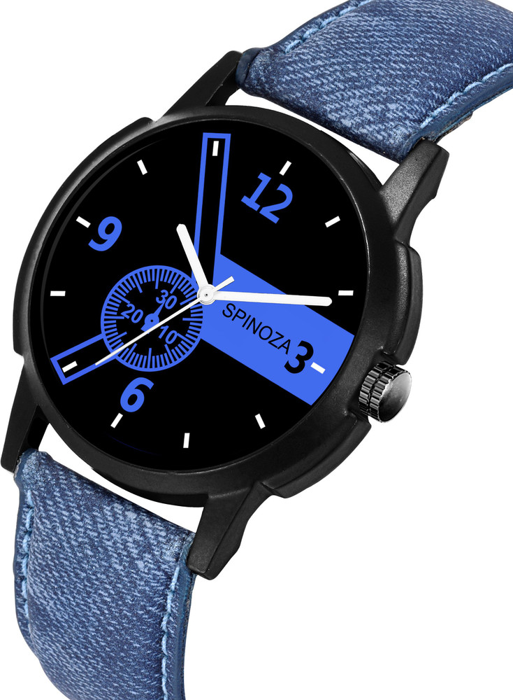 SPINOZA Blue color new design style dial with leather strap watch for men women girls Analog Watch For Boys Girls