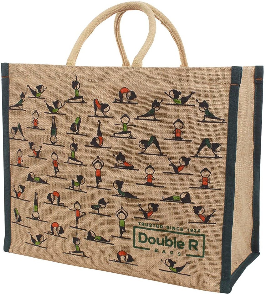 DOUBLE R BAGS Big Eco reusable yoga print jute cloth Carry lunch tiffin box  with bottle organizer small size with zip Reinforced Handle for men women  pack of 1 Grocery Bag Price
