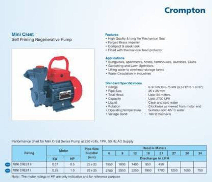 Crompton Mini Crest 1 Self Priming Regenerative Pump Centrifugal Water Pump  Price in India - Buy Crompton Mini Crest 1 Self Priming Regenerative Pump  Centrifugal Water Pump online at Flipkart.com