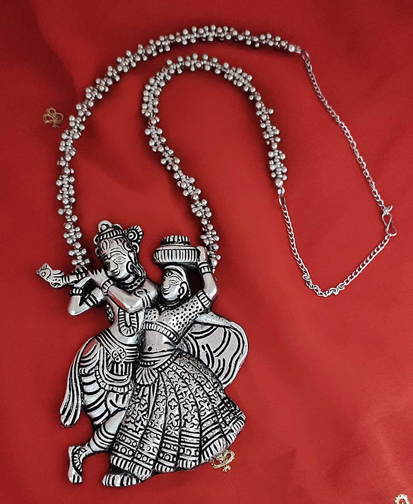 Nityakshi Oxidised Silver Radha Krishna Chain Pendant Necklace for