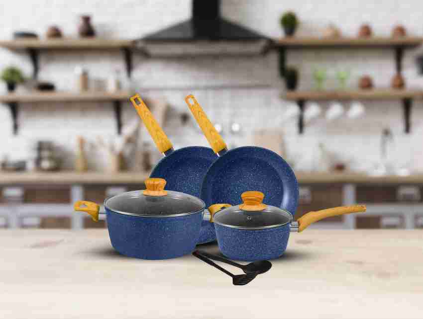 Forged Aluminium Non-stick Cookware Set Blue Marble Coated