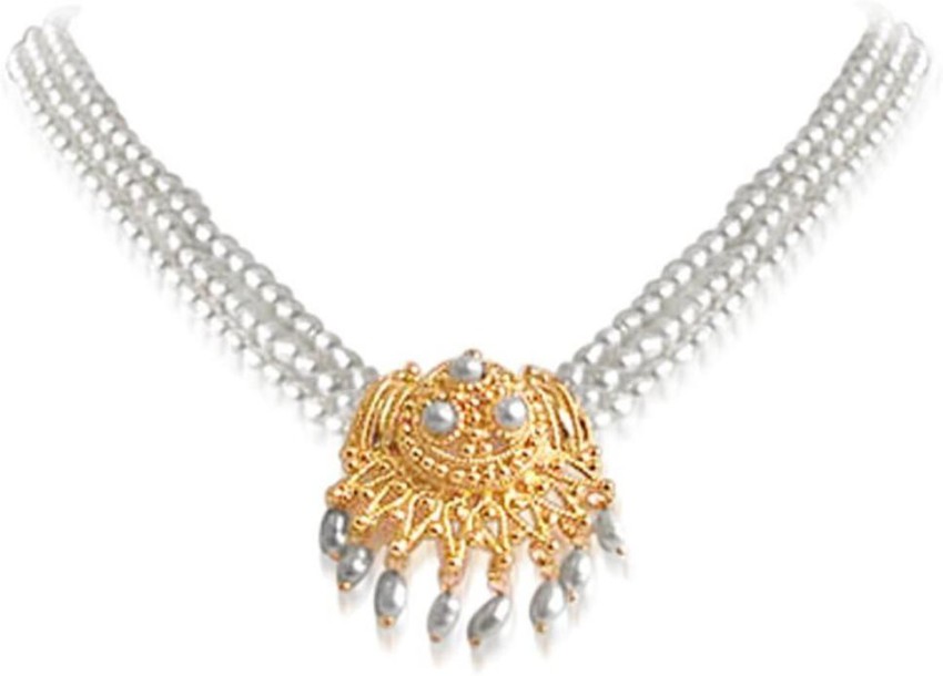 White pearl necklace online with gold pendant