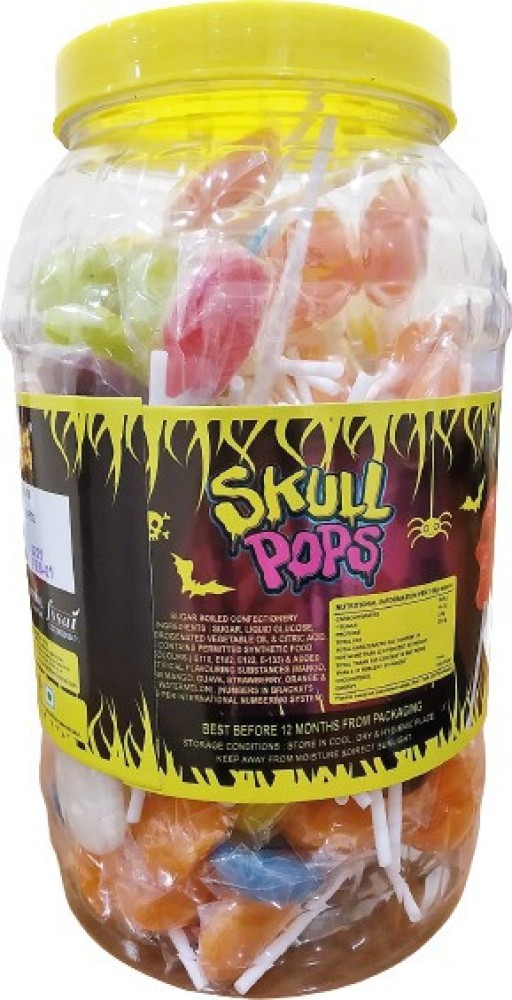 SWEET KING SKULL SHAPE POPS 3D FRUIT FLAVOURED LOLLIPOPS STICK CANDY- 100  Pc IN 1 JAR, SUGAR LOLLIPOP, TUTTI FRUITY LOLLIPOP