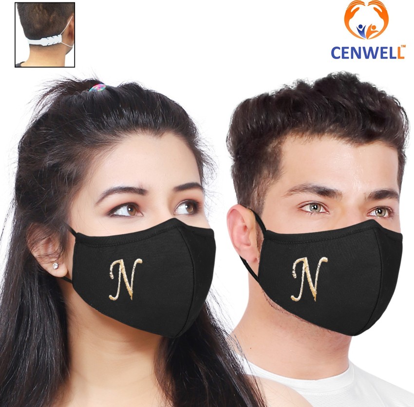 CENWELL ALPHABET N Unisex 100% Cotton Designer Shape Face Mask 6 Layer  Protective Fashionable Fabric Cotton Fabric Mask for Men ,Women ,Girls ,  Teens with Adjustable Ear loop ,Ear Saver Strap (Reusable