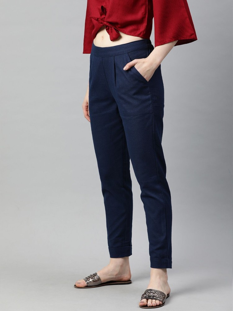 Ladies Navy Blue Cotton Lycra Stretchable Slim Fit Straight Casual  Cigarette Pant