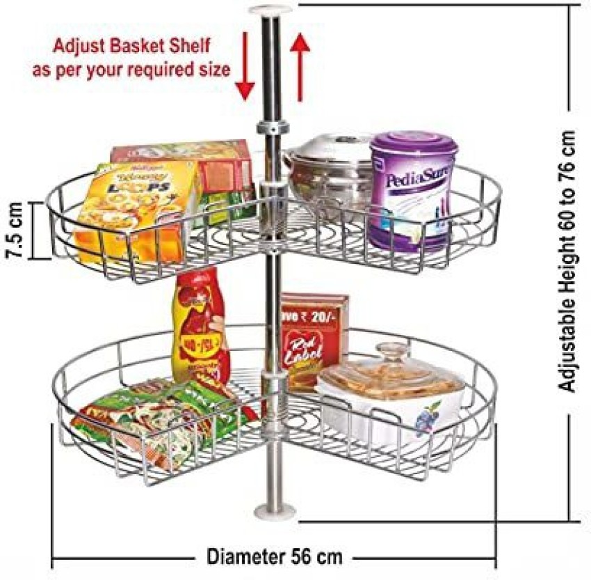 LeAves Stainless Steel Modular Kitchen Corner Storage Carousel Basket 2  Shelf Rack - 24 Inch