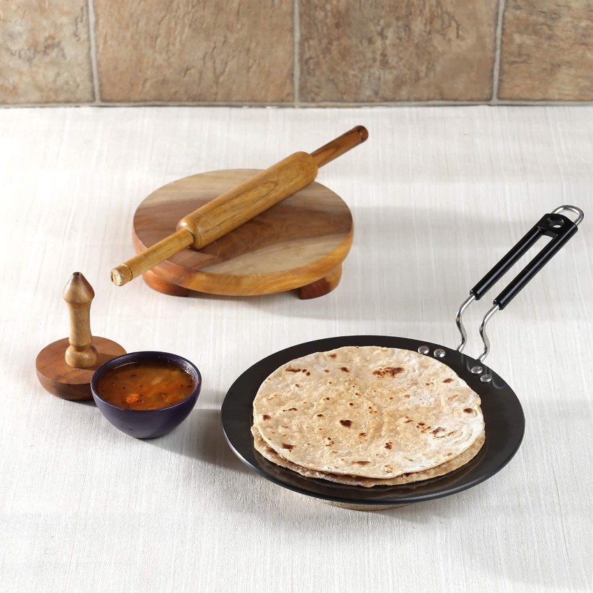 Brodees Iron Roti Tawa 25 Cm Diameter with Tough Handle Concave Tawa -  Chapati Tawa, Iron Roti Tawa, Gas Compatible Tawa (Black) - Brodees