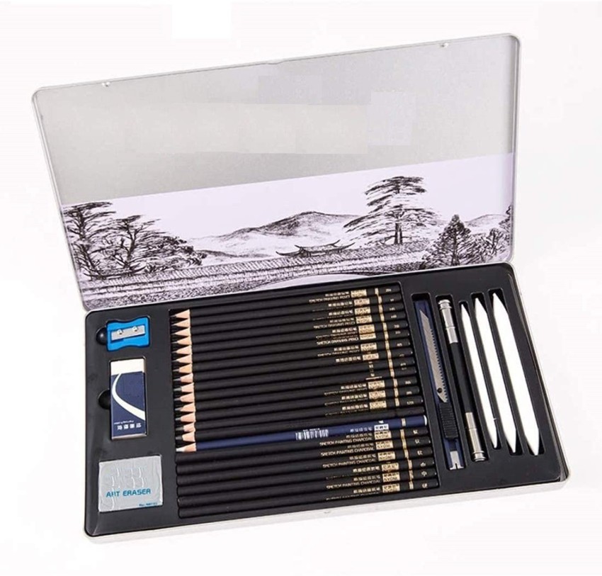 SMB ENTERPRISES Sketch Pencil Sets or Drawing Material  Tools, Sketching Art Supplies Kit, Including Graphite or Charcoal Pencils  and Blending Stumps etc.(Set of 29pieces with tin box) - Pencils, Drawing