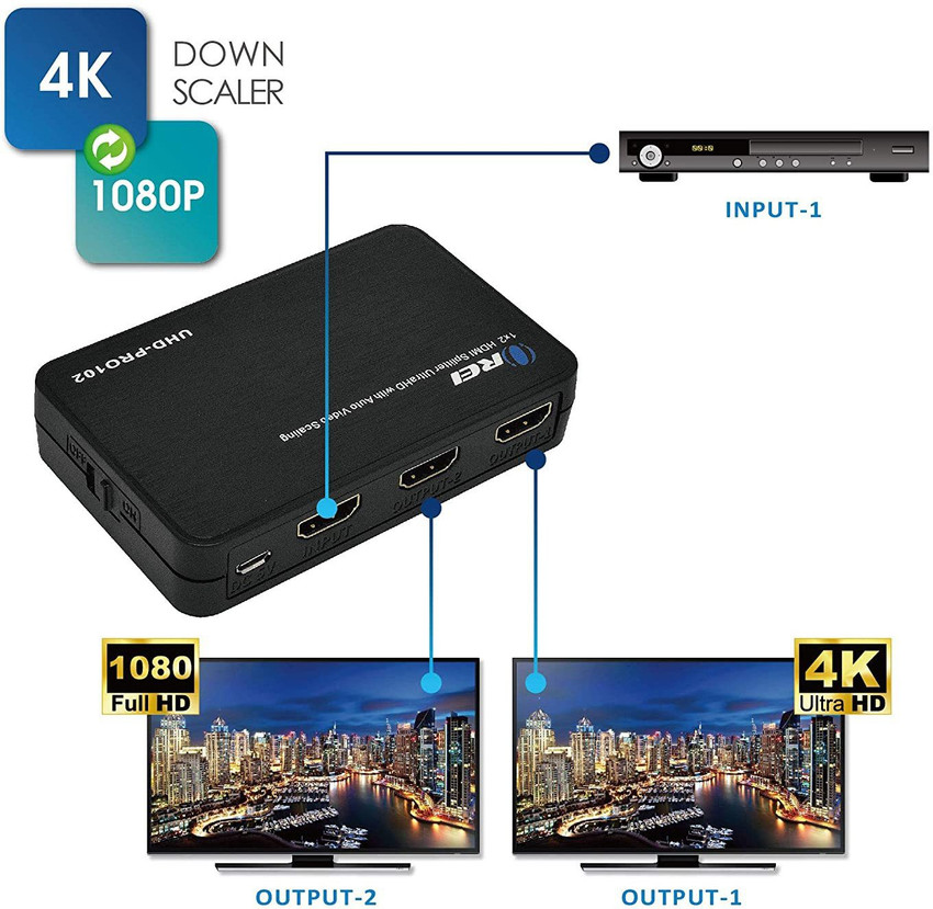 OREI 4K 1x2 HDMI Duplicator Splitter with Scaler 2 Ports with