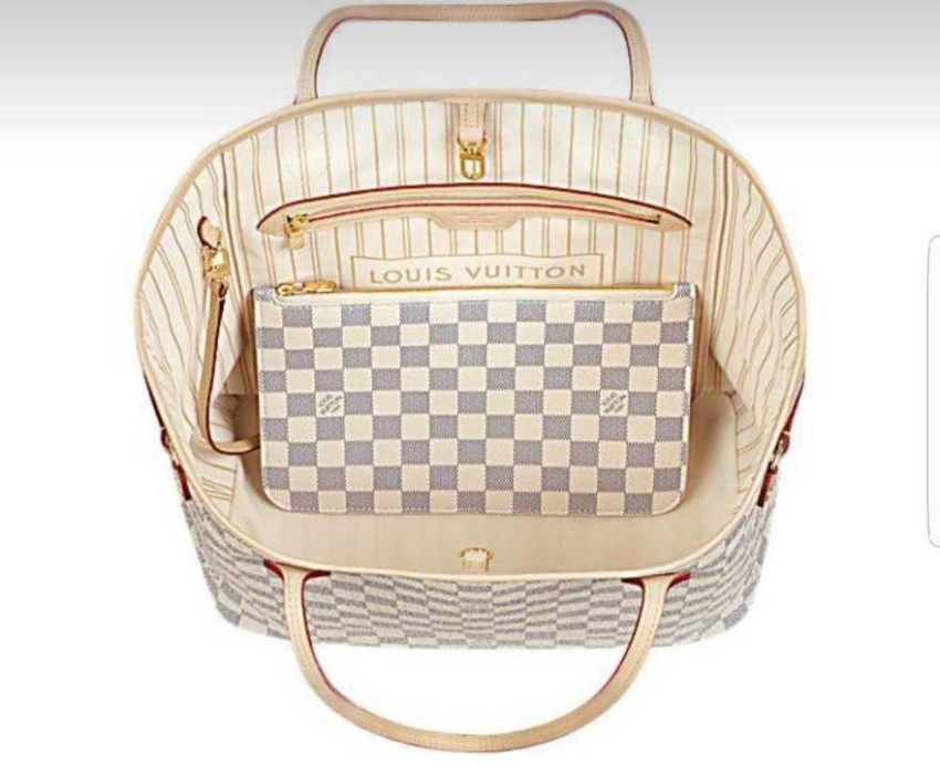 Louis Vuitton White and Beige Damier Azur Coated Canvas Neverfull mm Gold Hardware (Very Good), White/Beige Womens Handbag