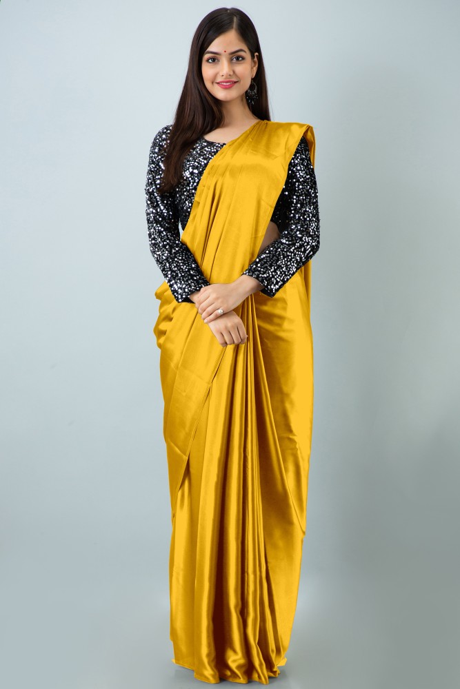 Buy FIBREZA Solid/Plain Bollywood Satin Yellow Sarees Online