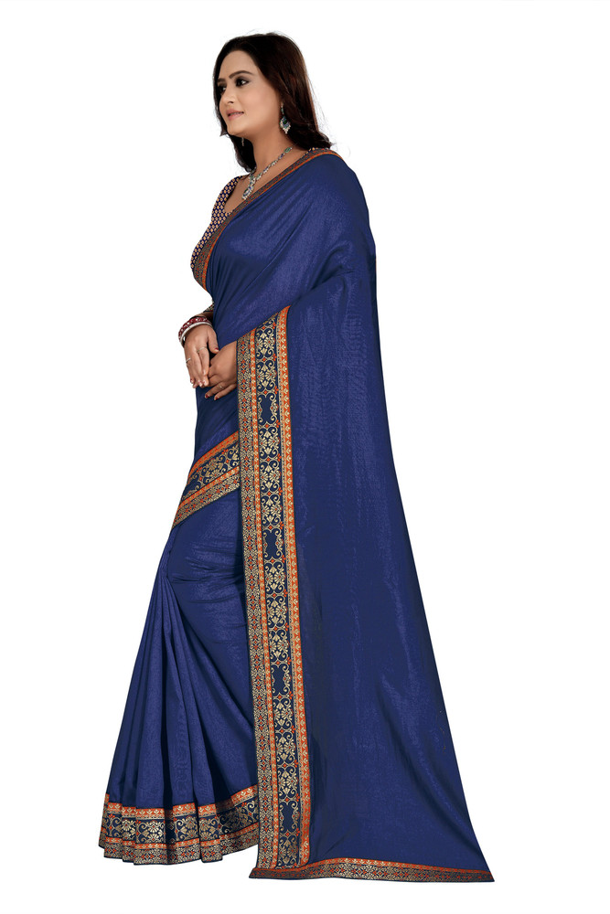 Plain navy blue saree with golden border online