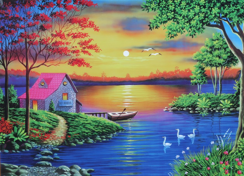 Sunset village nature drawing painting