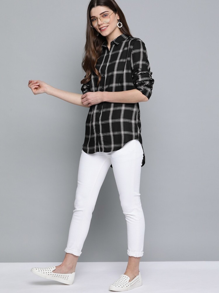 shirt type checkered women long top (black,white) in Mumbai at