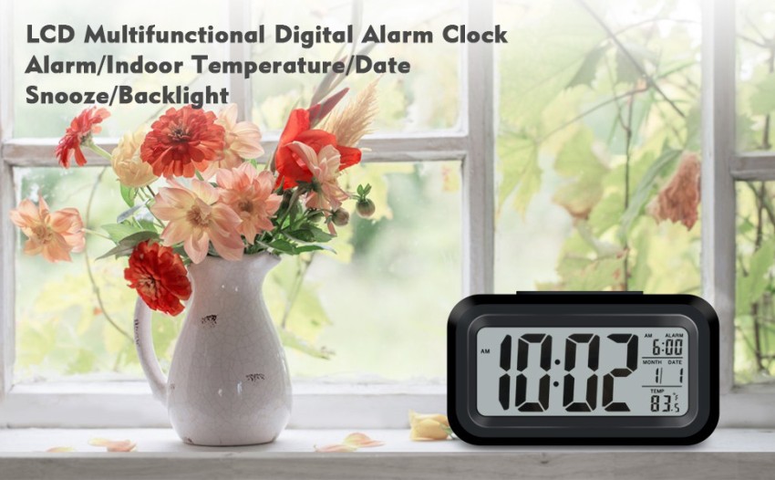 Buy HINMIN Smart Night Light Plastic Digital Alarm Clock with Date & Indoor  Temperature, Battery Operated Desk Small, Clear LCD Display Automatic  Sensor (Black) Online at Low Prices in India 