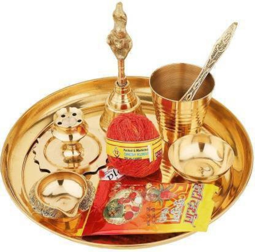 Brass Pooja Set of 9 Pcs Plate Bell Incense Holder Panchamrat Glass Spoon  Dhoop Burner Camphor Holder Kalash Diya 