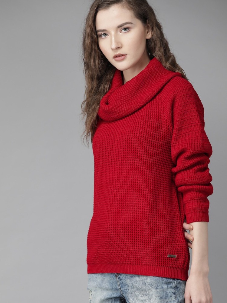 Roadster Self Design Cowl Neck Casual Women Red Sweater