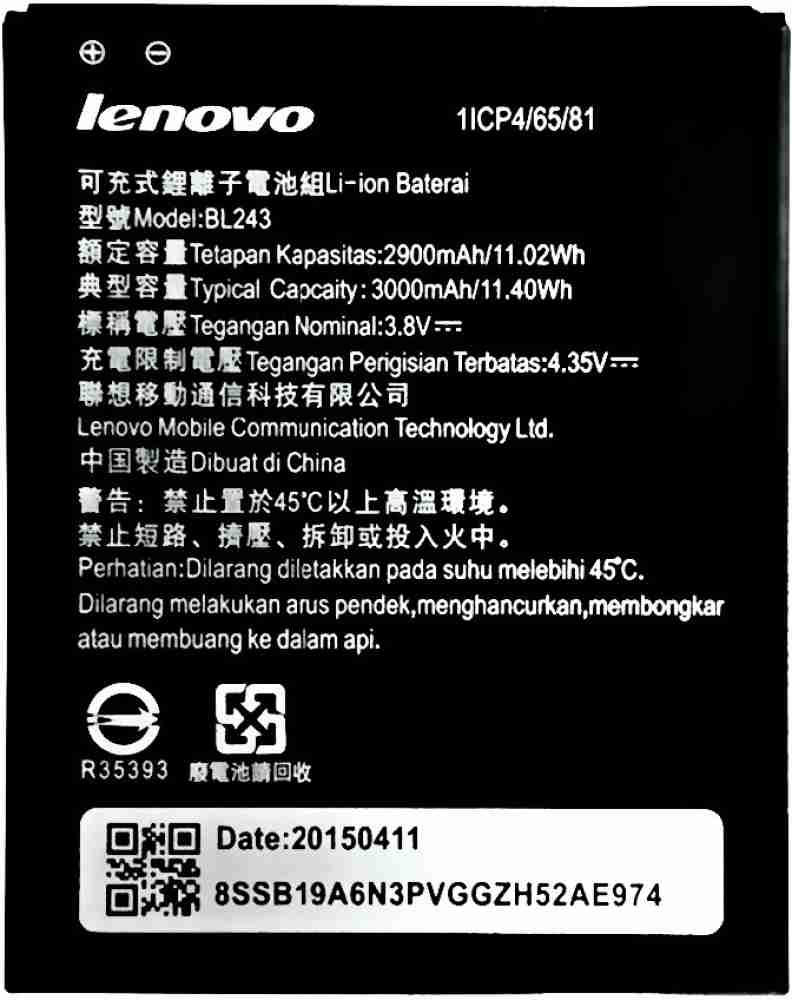 A Mobile Battery For Lenovo A7000 BL243 Price in India - Buy A