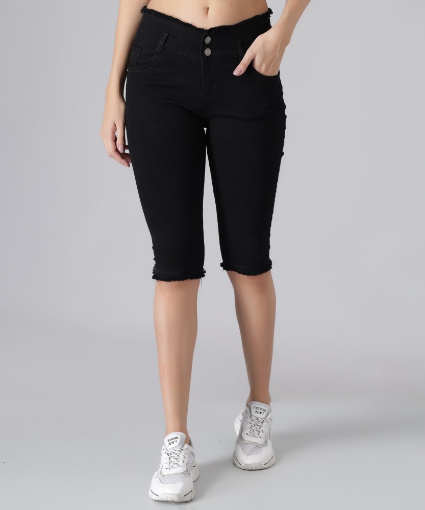 LTA 2 Button Fray Hem Stretchable Skinny Fit Black Women Capri Women Denim  Capri - Buy LTA 2 Button Fray Hem Stretchable Skinny Fit Black Women Capri  Women Denim Capri Online at