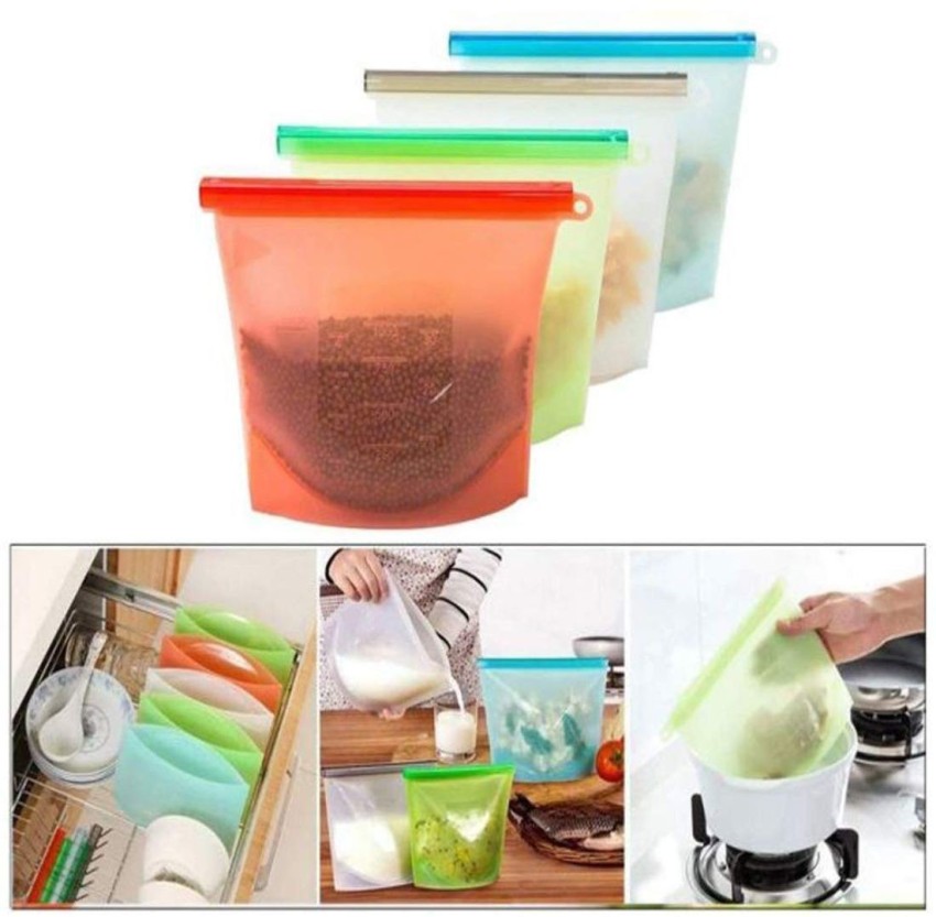 4Pcs Reusable Silicone Food Freezer Storage Bag Kitchen Fresh Zip Lock Bags