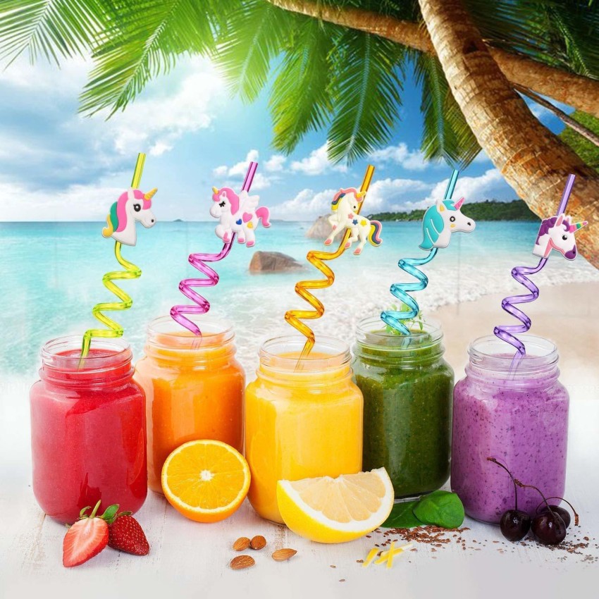 8pcs Cartoon Mermaid Unicorn Plastic Spiral Straw Smoothie