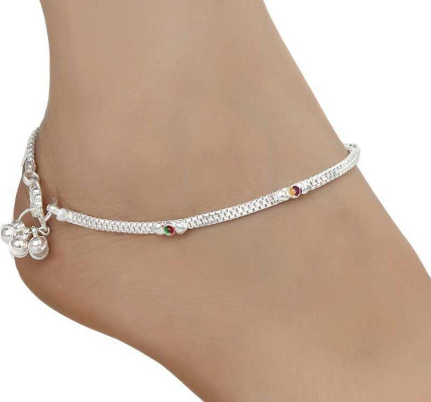 Qrown Teen Girls Silver Plated Light Weight White Metal Payal Anklets Sterling Silver Anklet