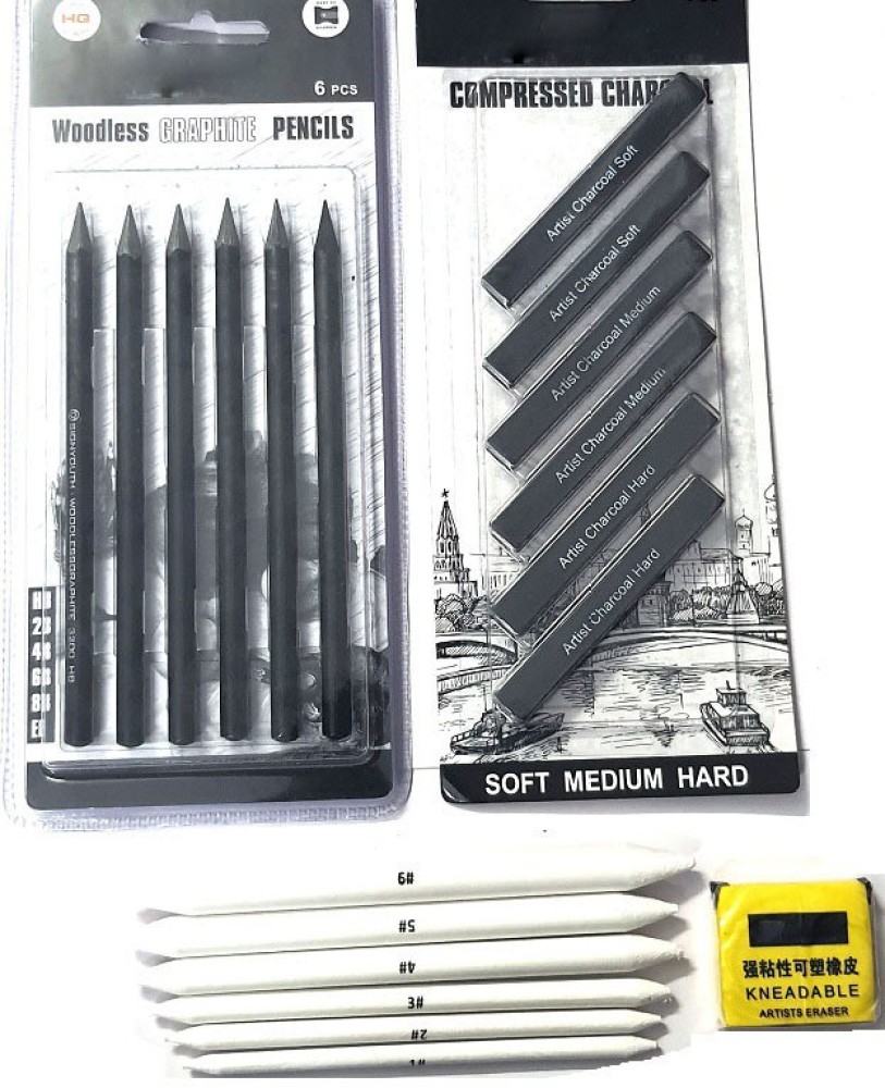 ARTTWALA 12 SHADES GRAPHITE SKETCHING PENCIL SET FOR DRAWING  & SHADING , 6PCS BLENDING PAPER STUMPS , 1 PC OF KNEADABLE ERASER COMBO  SKETCHING KIT FOR PROFESSIONAL ARTISTS - ART SET
