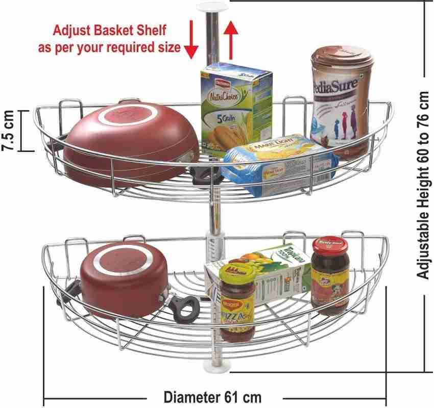 LeAves Stainless Steel Modular Kitchen Corner Storage Carousel Basket 2  Shelf Rack - 24 Inch