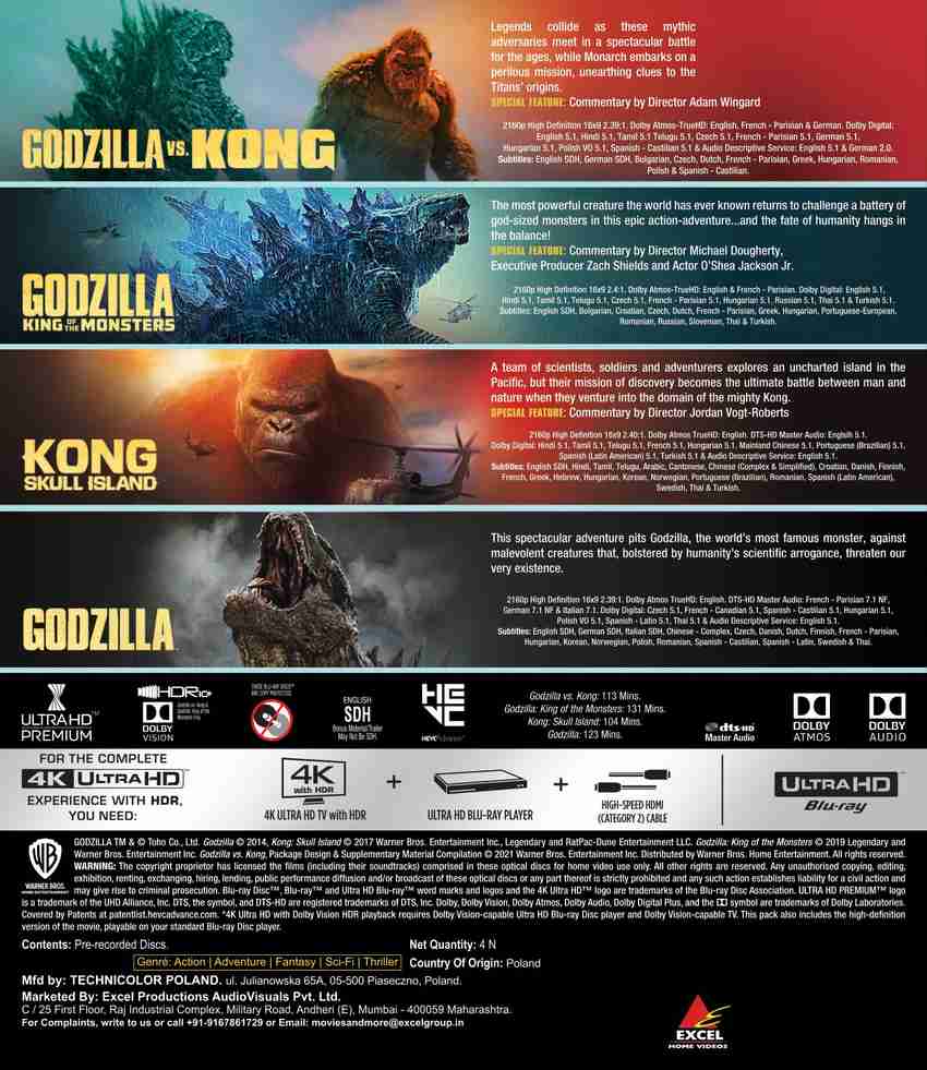 Godzilla vs. Kong Godzilla King of the Monsters Kong Skull Island Godzilla 2014 4K UHD 4 Disc Price in India Buy Godzilla vs. Kong Godzilla King of the Monsters